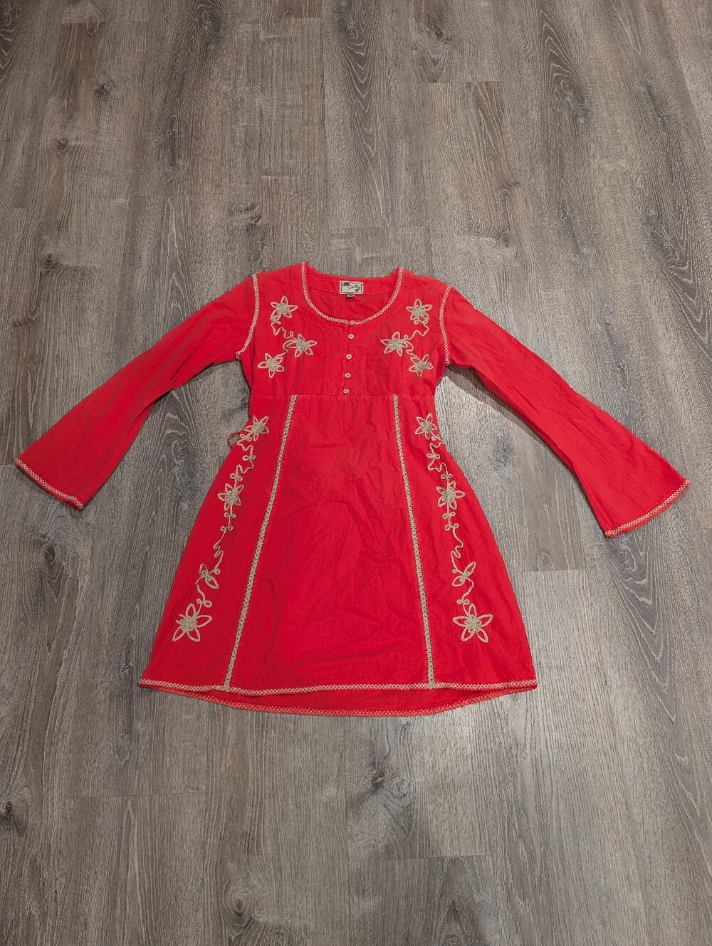 Scully Honey Creek Boho Embroidered Bell Sleeve Corset Back Mini Dress Coral M